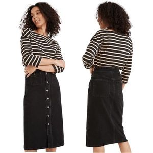 Denim Button-Front Flap-Pocket Midi Skirt in Lunar Wash